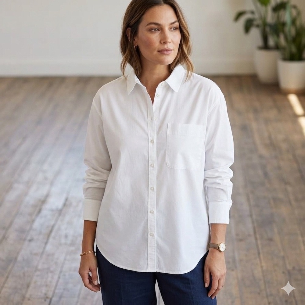 Cotton Blend Womens Shirt L White Long Sleeve Button Down Relaxed Fit Minimalist